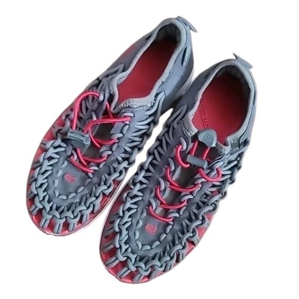 Keen Uneek O2 Kids Sz 3 Grey Red Braided Cord Lace Up Athletic Sandals Shoes